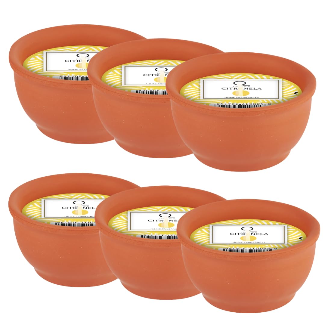 Pack 6 Velas de Citronela Antimosquitos en Tarro de Barro, 70g cada una, Aroma Fresco Natural para Exterior - Jardín, Terraza y Patio