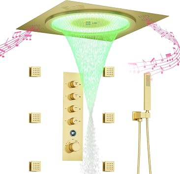 20 Inch Ceiling LED Square Music Rain Shower Head with Brass Handheld, Push Button Smart Thermostatic Rainfall Shower System Fixtures Set Brushed Gold, Shower System with Body Jets