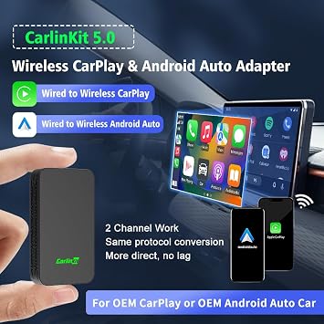 Carlinkit 5.0 Android Auto & Wireless CarPlay Adapter,Plug & Plug, Two Channel Connection, Online Update,for Cars with OEM Android Auto & Wired CarPlay (2016-2026), 10s Auto-Connect