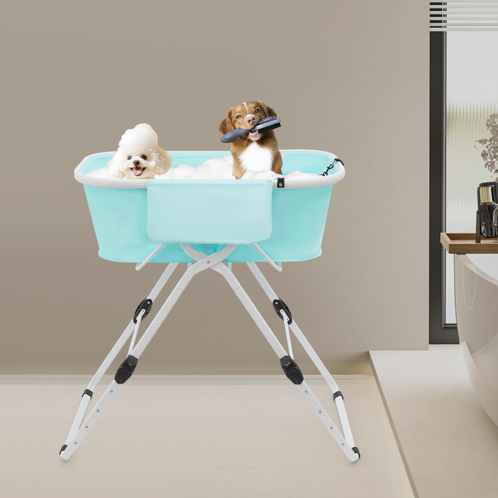 Bañera para Perros MEELRYD, Bañera Elevada para Mascotas, Ajuste de Altura de 70-100cm, Bañera Plegable para Perros con Tubo de Drenaje, para Perros y Gatos Pequeños a Medianos, Máx. hasta 68KG