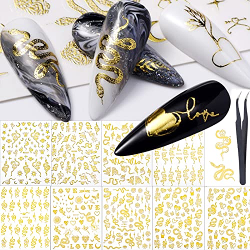 NICENEEDED 8 hojas de pegatinas doradas para decoración de uñas con forma de serpiente, calcomanías autoadhesivas en 3D para uñas, suministros para decoración de uñas con pinzas para mujeres Cover