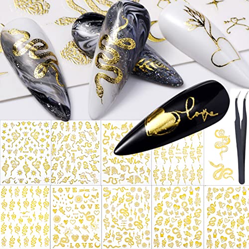 NICENEEDED 8 Blatt Gold Schlange Nail Art Sticker, 3D Selbstklebende Nagelabziehbilder Nail Art Zubehör mit Pinzette für Frauen Mädchen Nageldesign DIY Dekor Nail Art Zubehör