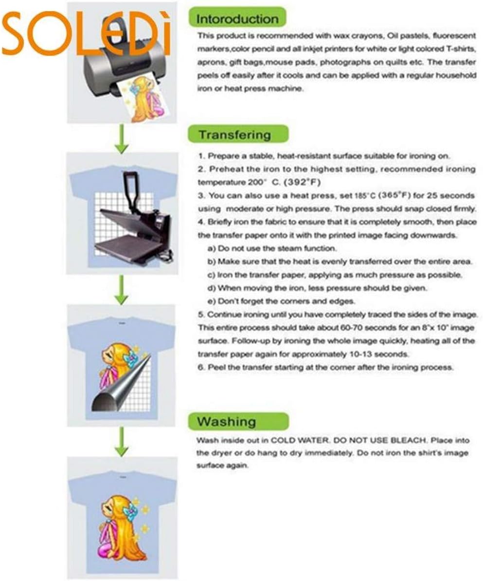 ZHONGJIUYUAN 50Pcs A4 Heat Transfer Paper for Inkjet Printers Light Color Paper Fabric T-Shirt Transfers Photo Quality Prints