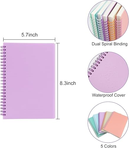 Miniatura 2 de Paquete de 5 cuadernos con espiral rayados para mujeres y hombres, 8.3 x 5.7 pulgadas, 80 hojas160 páginas, cuaderno de tapa dura de plástico A5
