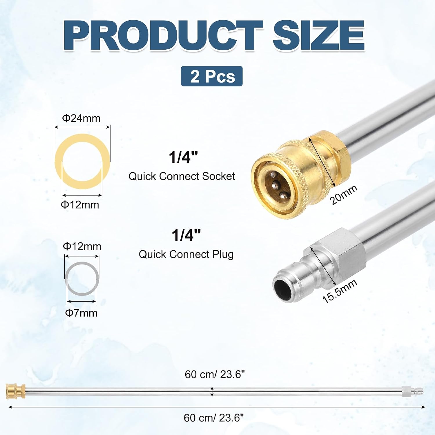 uxcell Pressure Washer Extension Wand, 24 in Stainless Steel Power Washer Lance, Heavy Duty Wands with 1/4" Quick Connect for Roof and Deck Cleaning, 4000PSI, 2 Pack
