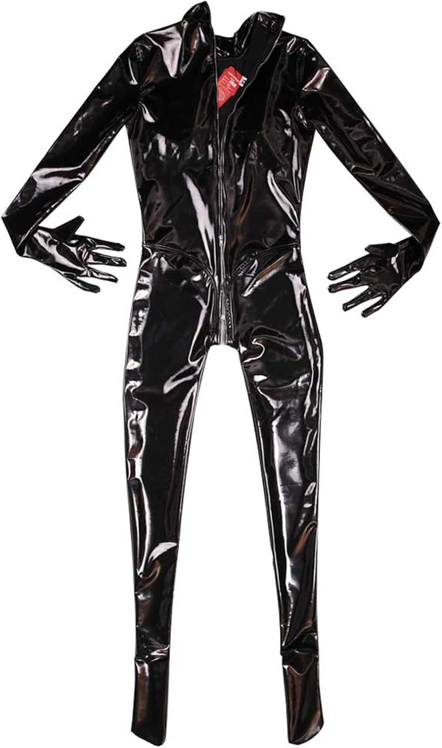 LESOYA Women's Sexy Wetlook PVC Catsuit Shiny Zipper Crotch Bodysuit Jumpsuit with Gloves Clubwear
