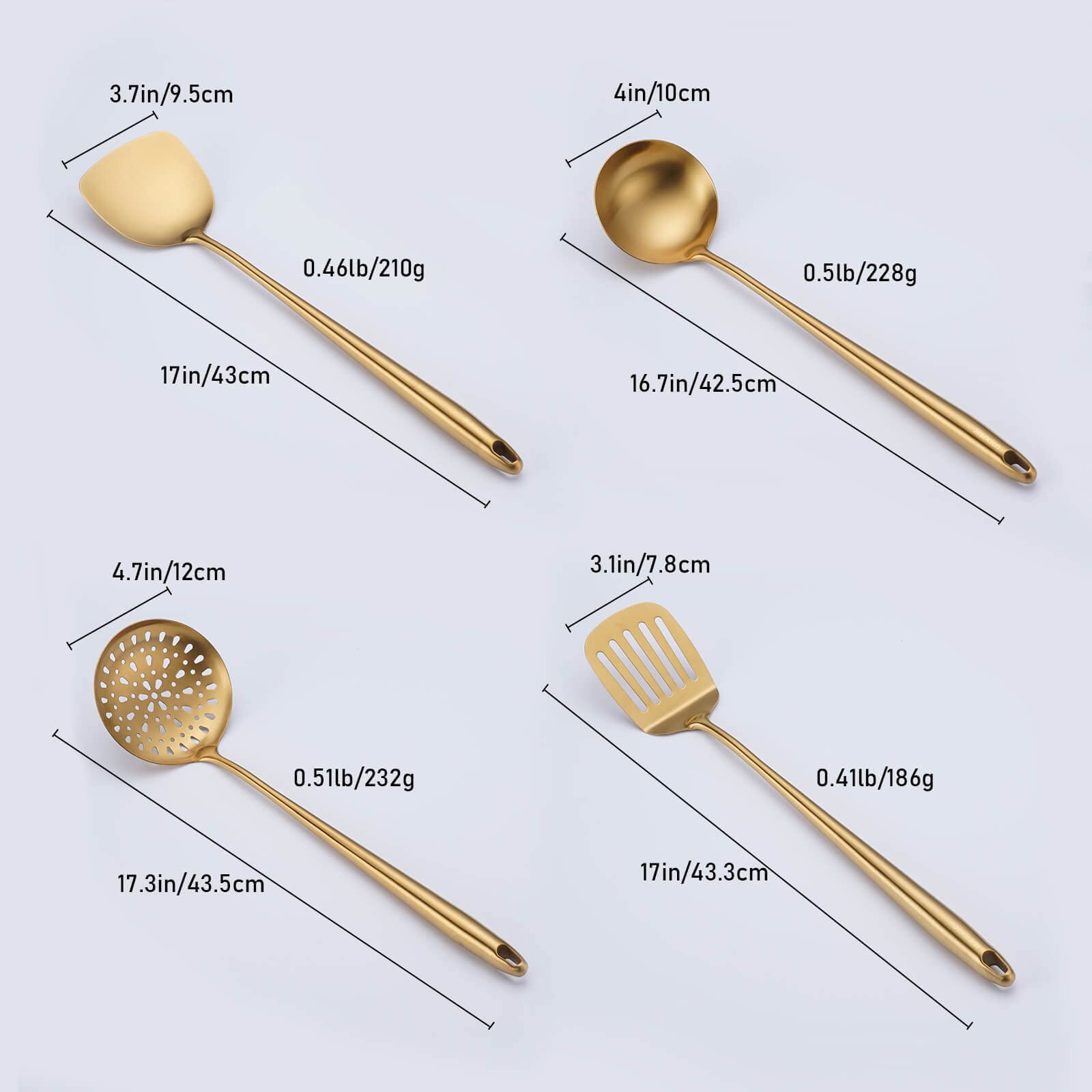Juego de utensilios de cocina de acero inoxidable dorado de 17 pulgadas, Standcn 4 piezas de mango largo resistente al calor, espátula Wok, cucharón, cuchara ranurada, espátula ranurada