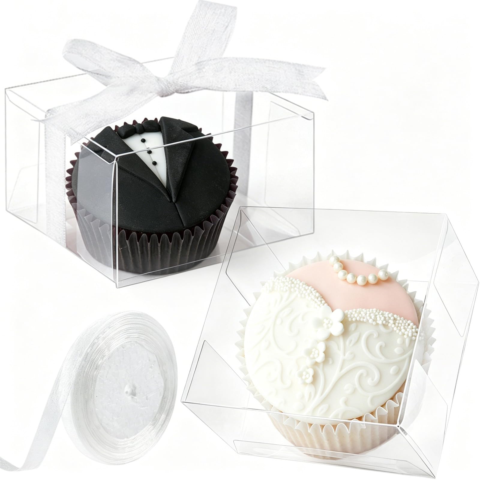 Jutieuo 100 Stück einzelne transparente Oreos Keksboxen mit Schokoladenüberzug, 5.5x5.5x3.5 cm, einzelne Macaron-Boxen mit Bändern, Süßigkeiten, Mondkuchen-Verpackung