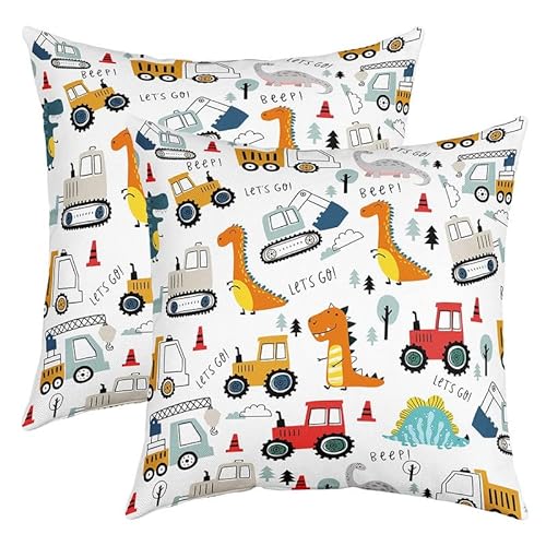 Construction Throw Pillow Cover 18"X18" Set Of 2 Kids Cartoon Dinosaur Throw Pillowcases For Boys Equipment Trucks Pillow Cases Cushion Covers Construction Vehicles Kawaii Jungle Dino Cushion Cases #TOP29