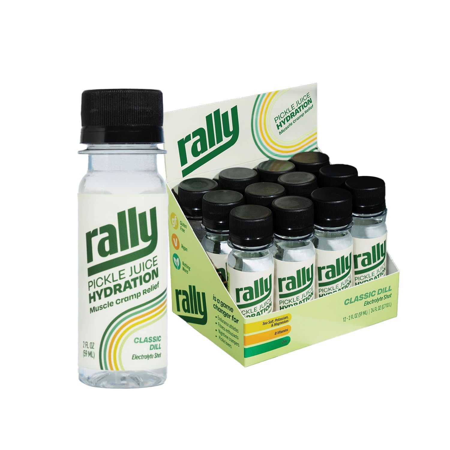 Rally Pickle Juice Sports Drink Shot for Muscle Cramp Relief - Electrolyte Hydration with Sodium, Potassium & Magnesium - Hydration Support for Athletes & Nighttime Leg Cramps - 2 oz Bottles, 12 Pack