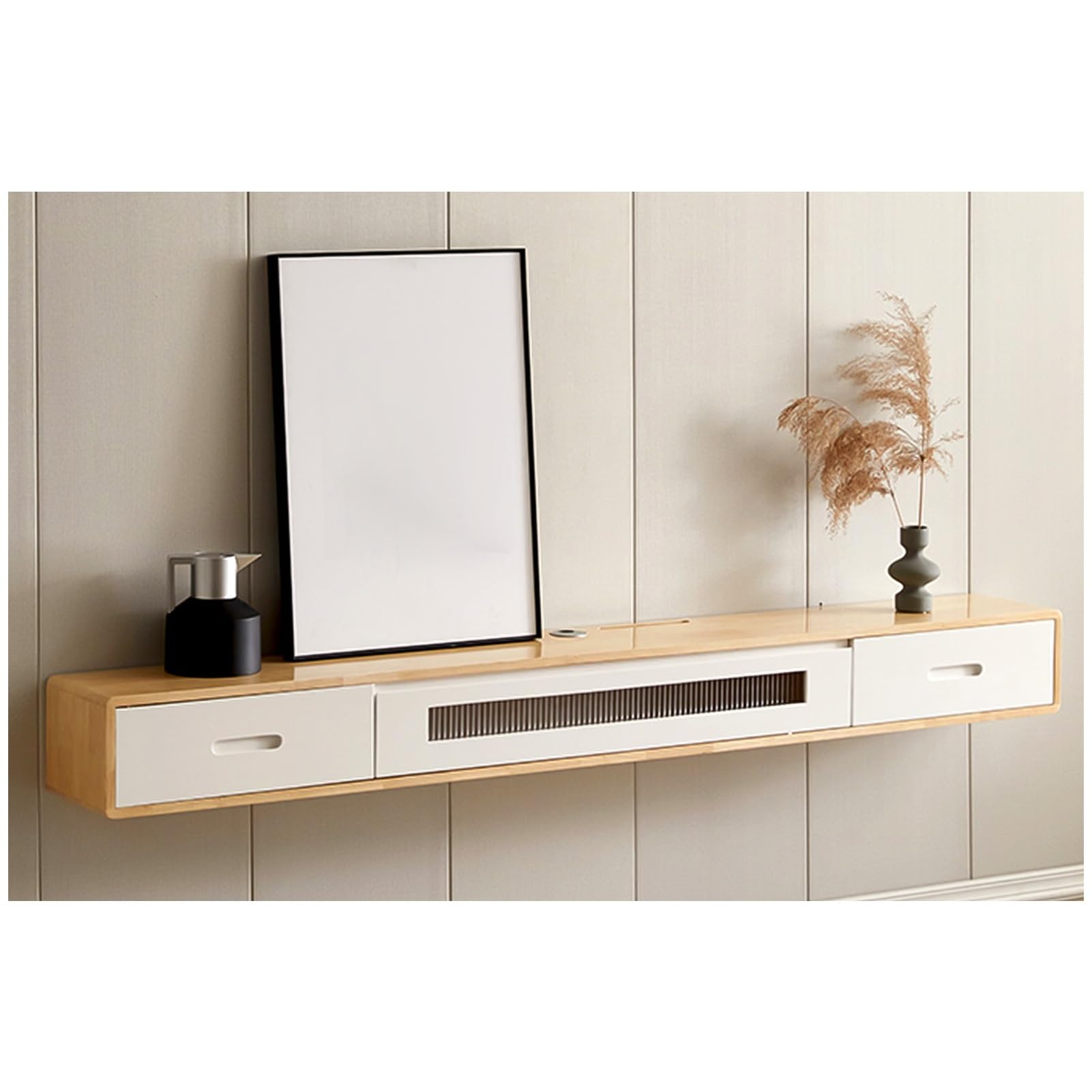 Mobile TV sospeso Bianco Moderno, consolle multimediale a Parete con cassetti, Gestione dei Cavi, Centro di intrattenimento in Legno massello, Elegante ripiano Porta TV (Naturale-A, 240x24x2