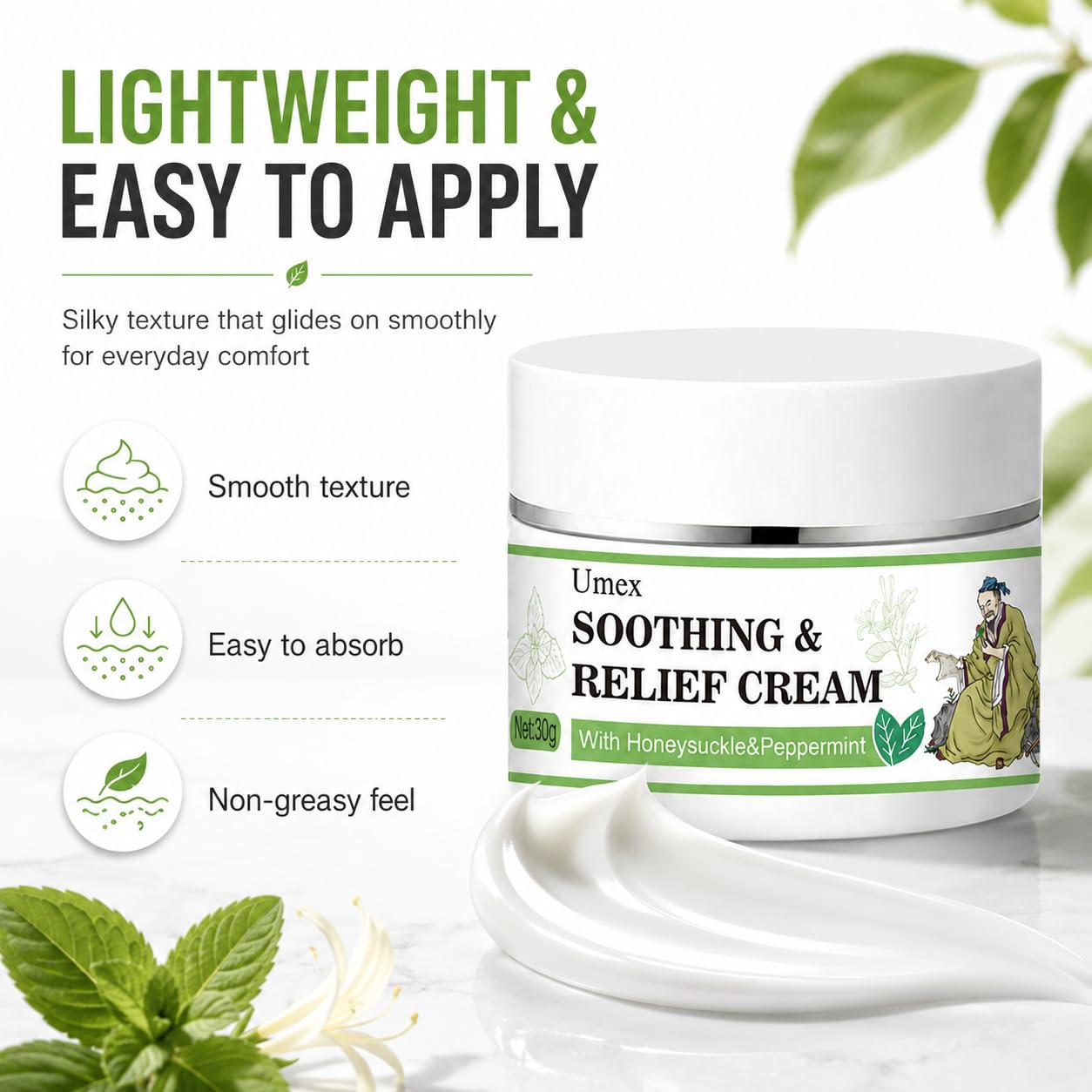 Umex Face & Body Moisturizer, Hydrating Moisturizing Cream for Dry, Sensitive & Rough Skin, with Honeysuckle & Mint, Softens & Nourishes Skin, Non-Greasy Formula