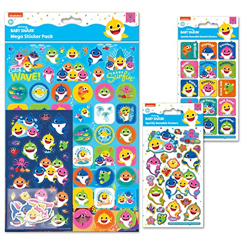 Baby Shark Mega Sticker Bundle Pack | Perfect for Scrapbooking and Decoration | Reusable on Non-Porous Surfaces, Blue