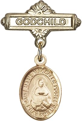 14kt Yellow Gold Baby Badge with Marie Magdalen Postel Charm and Godchild Badge Pin 1 X 5/8 inches