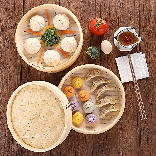 image for HAPPI STUDIO Bamboo Steamer Basket 10 Inch with 2 Sets of Chopsticks a