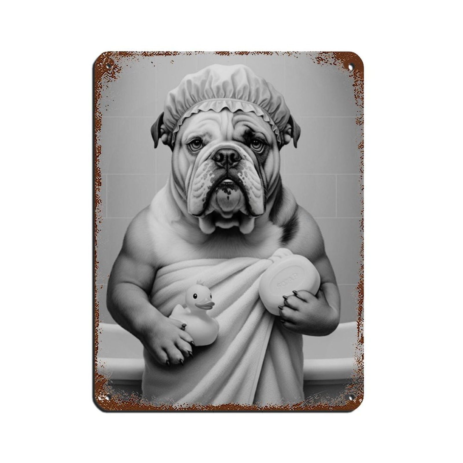 Dog in Bathrobe, Rubber Duck And Soap Tin Sign Vintage Metal Pub Club Cafe Bar Home Wall Art Decoration Poster Retro 12x16inch(30x40cm)