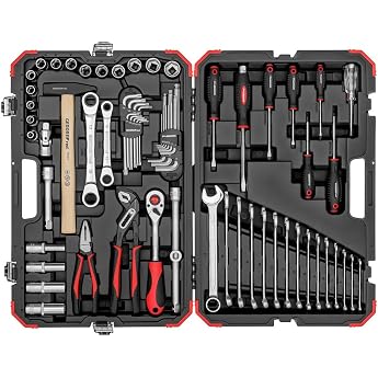 GEDORE Red Socket Spanner Set 69 Pieces with Reversible Ratchet, Ratchet, Socket Wrench, Hammer, Combination Spanner, Pliers 