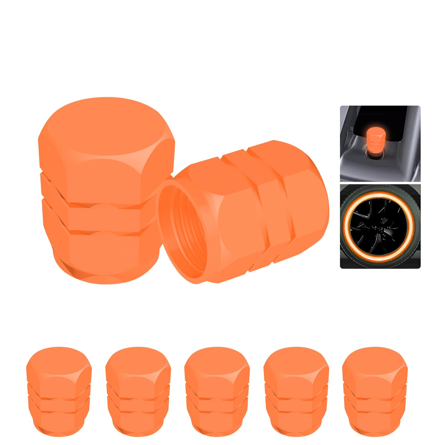 Glowing Tire Valve Caps, 5 Pack Universal Fit Valve Stem Caps - Easy Install, Leak-Proof Tire Air Caps for Cars, Trucks, SUVs, Motorcycles, Bikes (Orange)