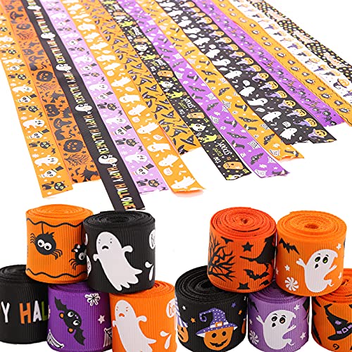 Lot de 15 rouleaux de ruban gros-grain pour Halloween, violet,noir,orange, chapeau de sorcière, motif monstre, ruban d'emballage cadeau, ruban pour les vacances, nœuds pour cheveux, décoration de fête Cover