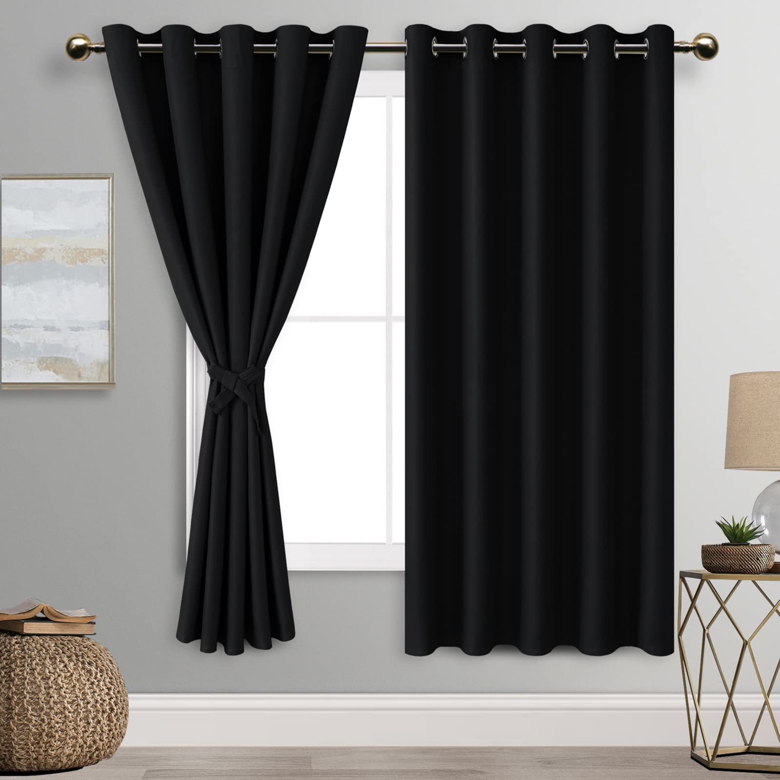 DWCN Black Blackout Curtains for Bedroom with Tiebacks - Thermal Insulated Light Blocking Grommet Window Curtains for Living Room, 60 x 63 inch Length, Set of 2 Panels