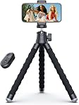 Phone Tripod, Portable and Flexible Phone Stand for Video Recording with Wireless Remote, 360° Rotating Tabletop & Travel Tripods for iPhone, Smartphones, Camera