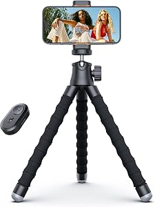 Phone Tripod, Portable and Flexible Phone Stand for Video Recording with Wireless Remote, 360° Rotating Tabletop & Travel Tripods for iPhone, Smartphones, Camera