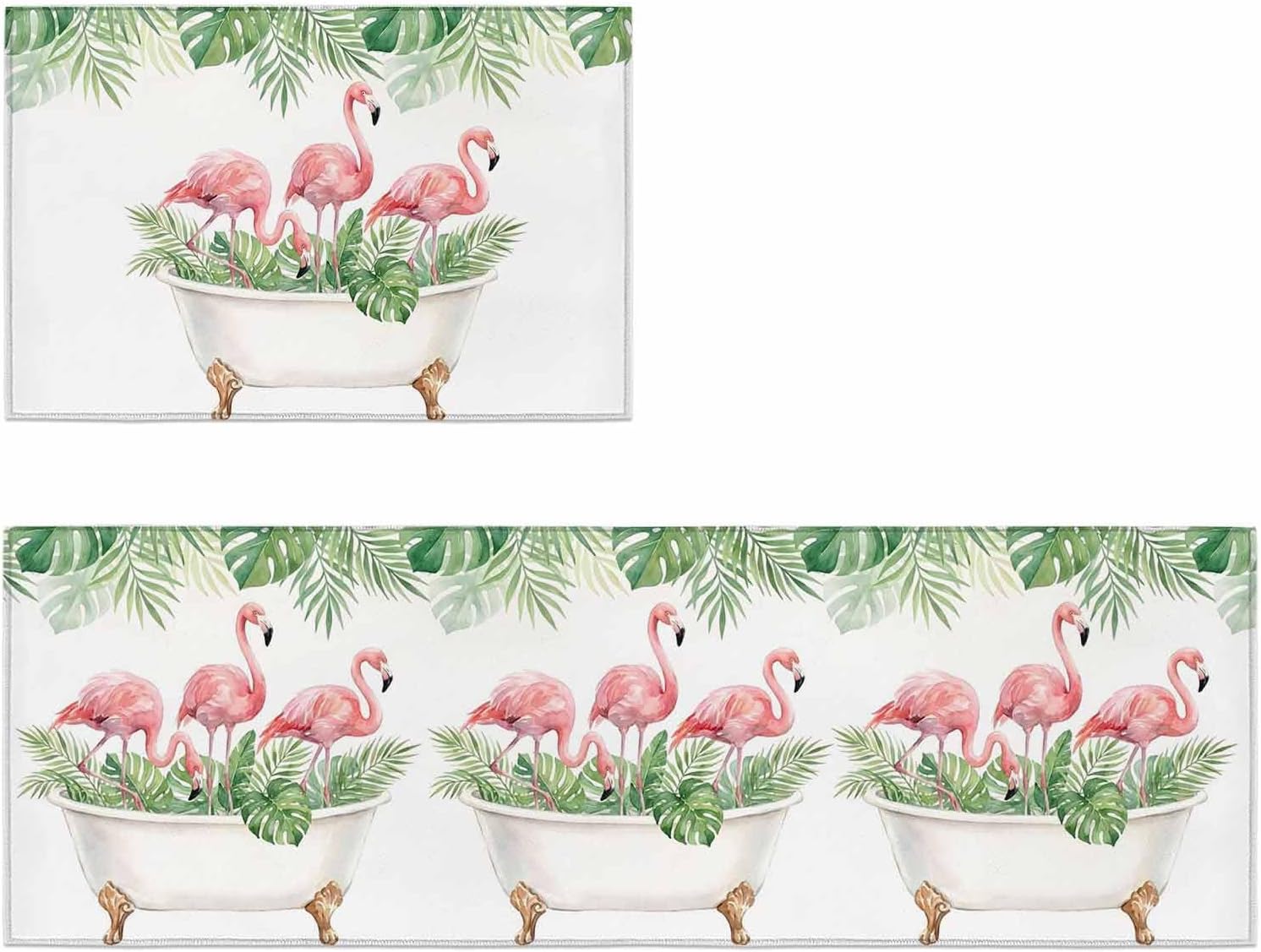 Kitchen Mats for Floor Farm Flamingo Monstera Leaves Washable Non Slip Kitchen Rugs 2PCS, Bathtub Watercolor Plant Absorbent Standing Mats for Sink Bathroom Office Living Room 15.7x23.6in+15.7x47.2in