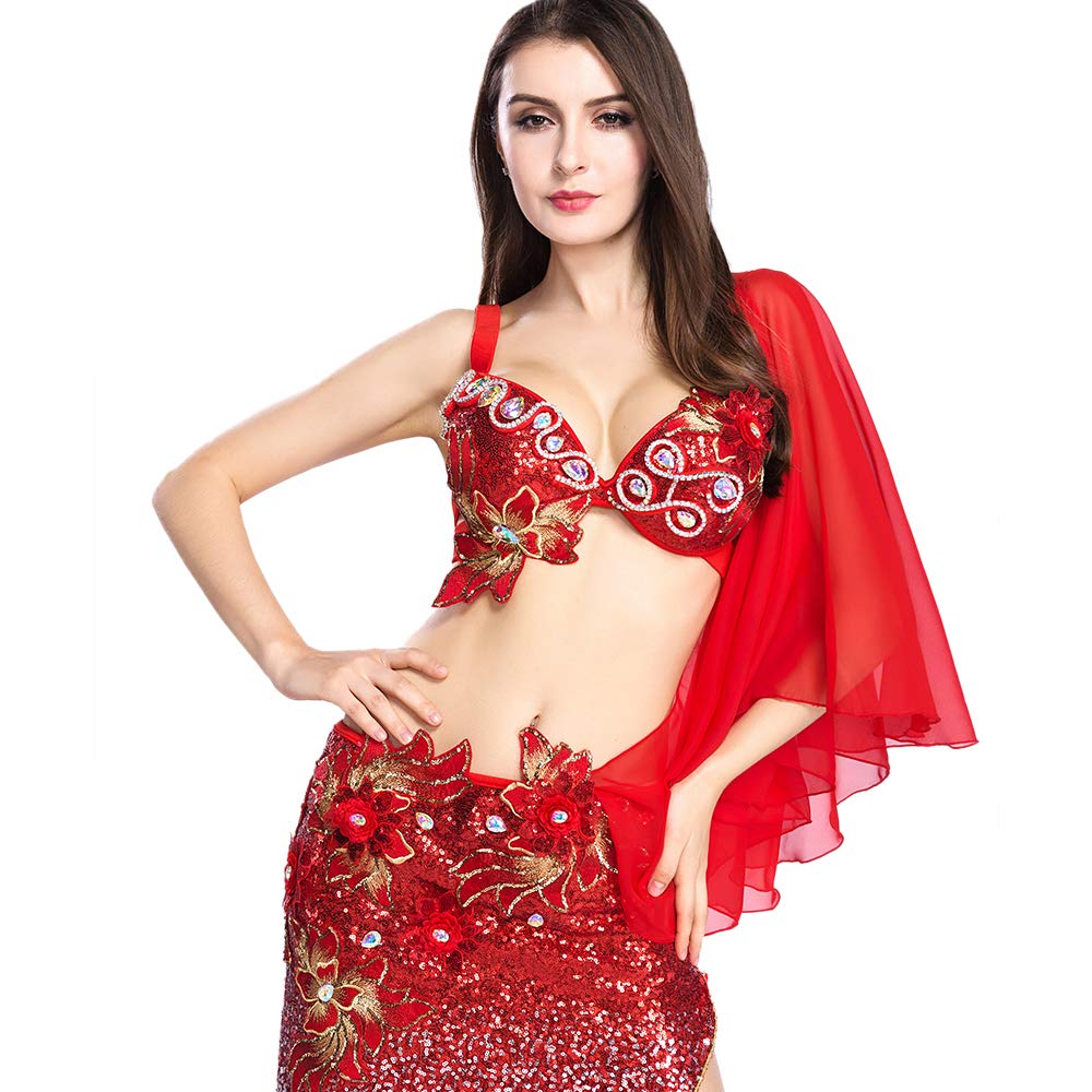 ROYAL SMEELA Seksowne kostiumy Bellydance dla tancerza brzucha biustonosz szal spódnica gradientowa cekinowa sukienka do tańca brzucha strój syrenki strój do tańca brzucha strój karnawałowy kostium kobiety orientalne kostiumy do tańca brzucha zestaw, Red,