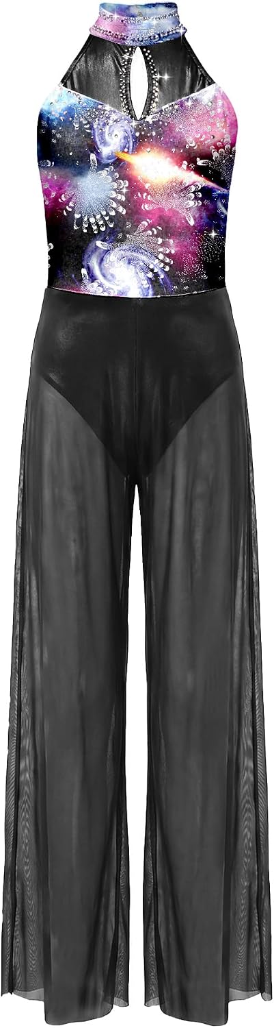 Girls Mock Neck Gymnastics Unitard Mesh Patchwork Split Long Pants Jumpsuit Dance Competition Outfit