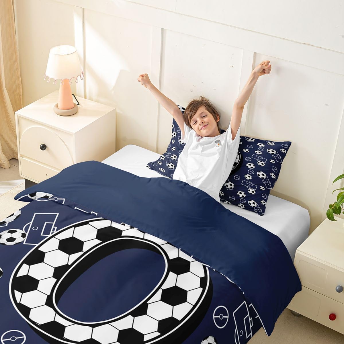 Erosebridal Alphabet Letter Soccer Duvet Cover Twin Modern Football Personalized Initial O Bedding Set Ball Sport Gaming Room Decorative Comforter Cover,Monogrammed Soccer Court Bed Set image 2