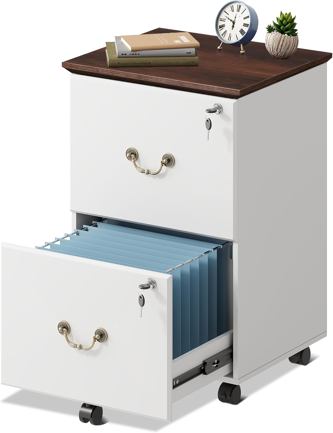 DEVAISE File Cabinet 2-Drawer, Small Office Furniture with Lock, Rolling Under Desk Filing Cabinet for Home Office, White