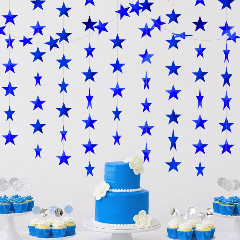 Image of Blue Shining Star Hanging Garland Blue Hanging Sparkling Star Streamer Glitter Bunting Banner Twinkle Backdrop for Wedding Baby Shower Birthday Christmas Decorations 40 Feet