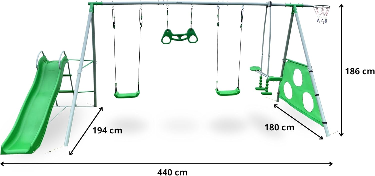 Graphic summarizing key specifications of the HyperMotion SWING HYP9 Playground Set, including maximum weight capacity of 300 kg, recommended age 3+, product weight 32 kg, and a safety checkmark icon.