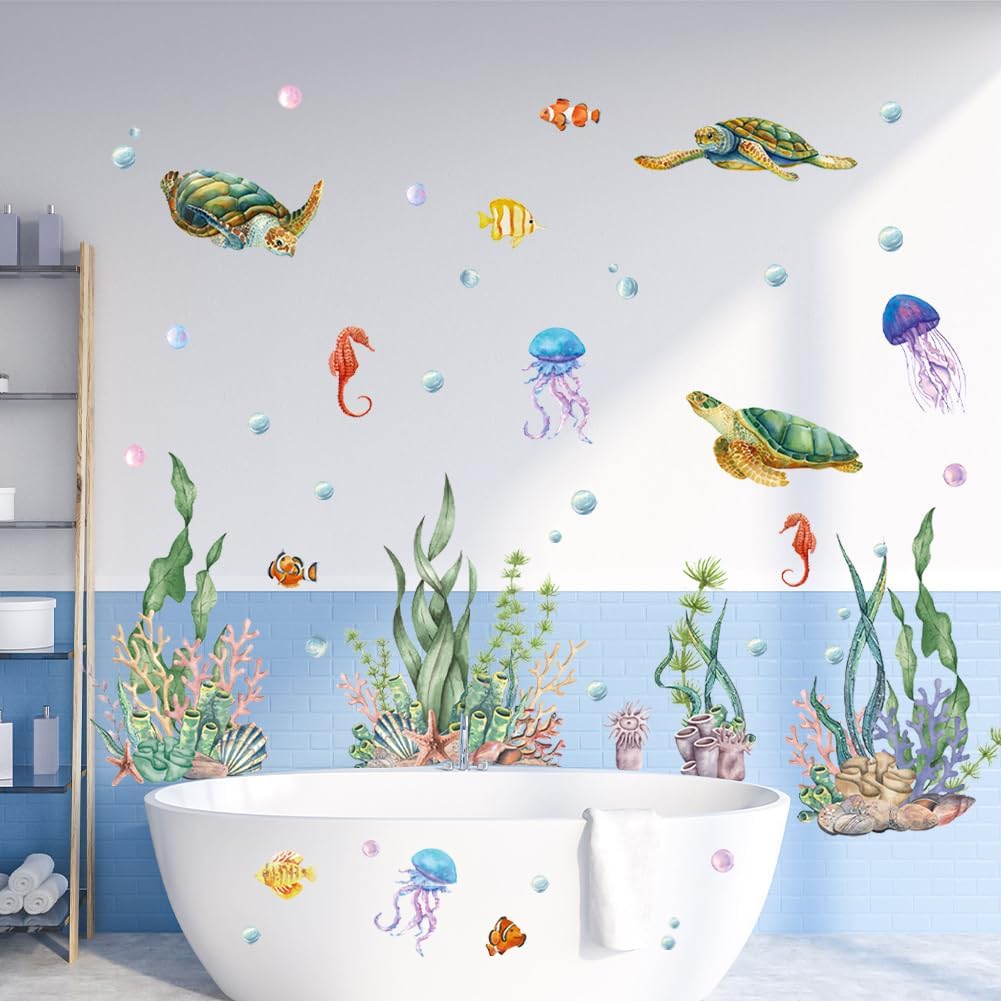 Ocean Wall Decals Turtle Jellyfish Under the Sea Wall Stickers Sea Life Animal Seaweed Grass Coral Ocean Wallpaper Peel and Sticker Wall Art Decal for Bedroom Nursery Decor