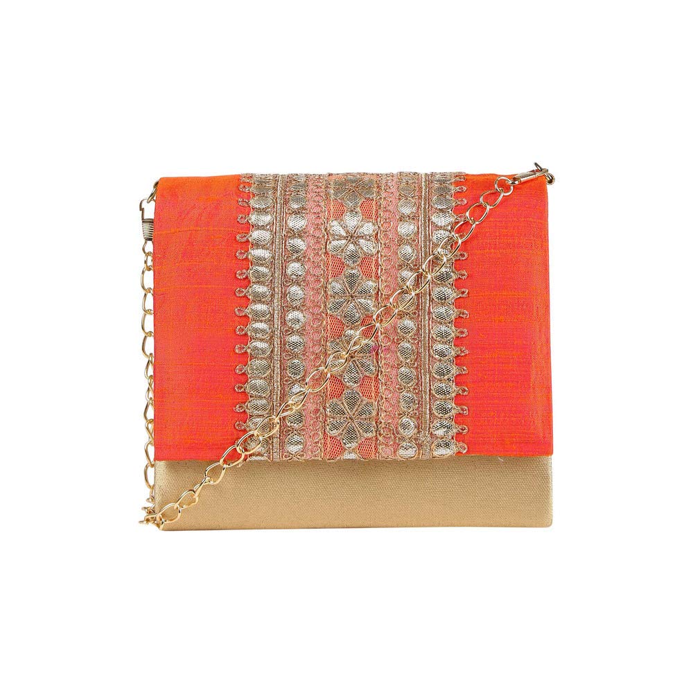 Kashishby Shoppers Stop Womens Snap Closure Sling Clutch (Orange_Small)