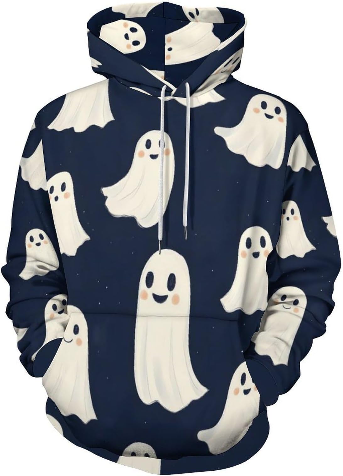 White Cute Ghost Print Hoodies for Women Men, Pullover Oversized Sweatshirt Fashion Fall Winter Clothing