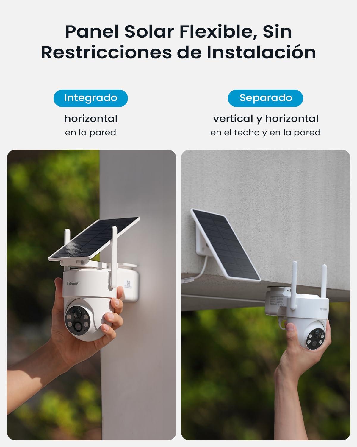 ieGeek 2K/3MP Camara Vigilancia WiFi Exterior Solar, 360° PTZ(2pcs) | Panel Solar Integrado Desmontable, Sin Cables, Detección Humana PIR, Alerta de Peligro, Visión Nocturna Color, IP65