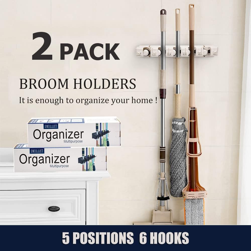 IMILLET 2 Pack Mop and Broom Holder, Wall Mounted Organizer-Mop and broom Storage Tool Rack with 5 Ball Slots and 6 Hooks (Beige)