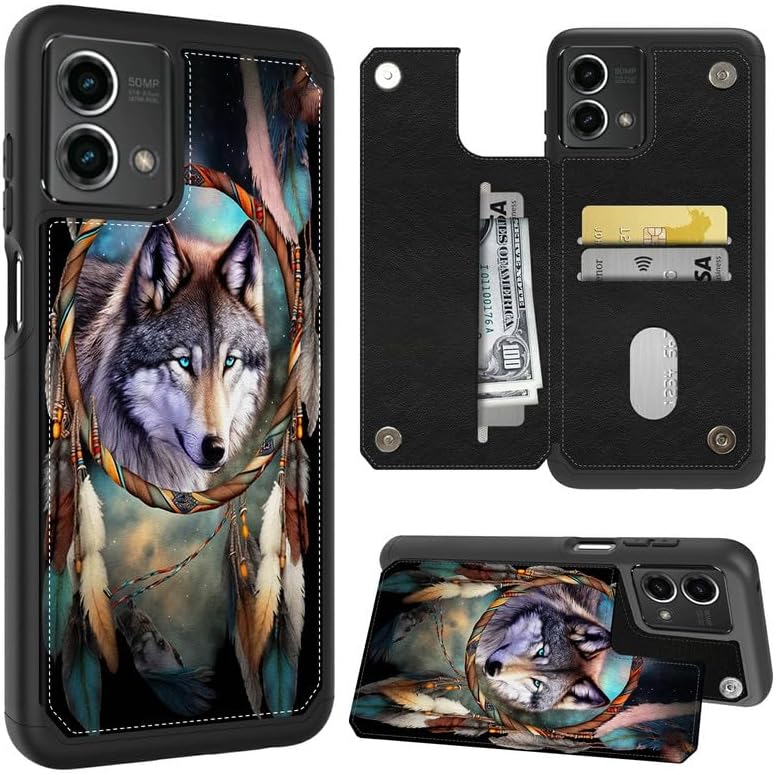 FUYOCWE Funda para Motorola MOTO G Stylus 5G 2023 con tarjetero, atrapasueños, lobos, piel sintética, función atril, ranura para tarjetas, para