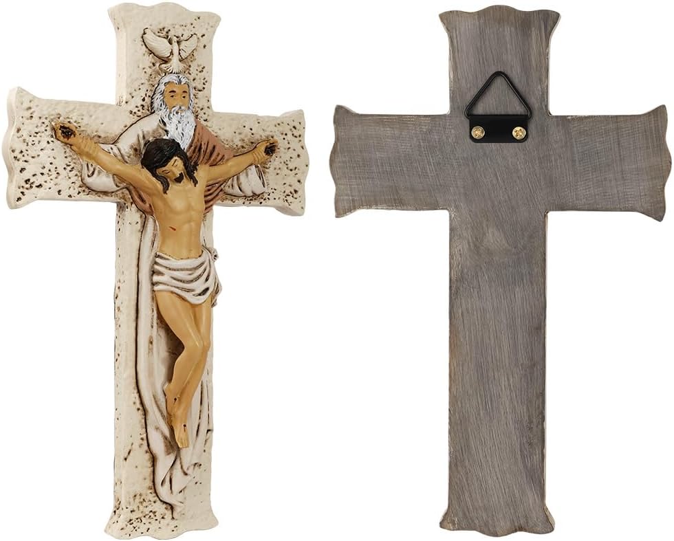 Crucifix Wall Cross - Catholic Holy Trinity Wall Decor with Hand-Painted Jesus Sculpture. Inspirational Home Décor and Devout Religious Gift