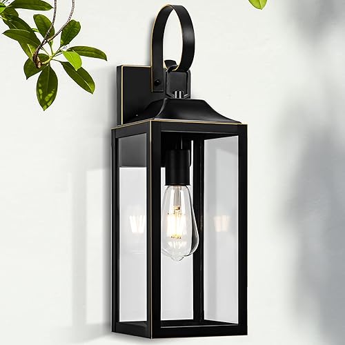 Black Outside Light for House, 19" Large Outdoor Sconce Wall Lighting Fixture, Farmhouse Exterior Wall Mount Lantern for Porch, Waterproof Glass Patio Lamp, Black Metal with Gold Trim