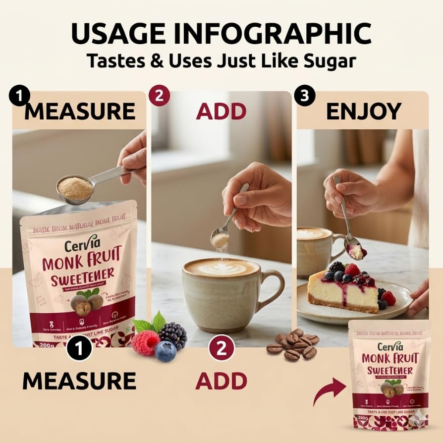 Image of Cervia Monk Fruit Natural Sweetener 200g | 100% Natural Sugar Replacement | Zero Calories | Zero Glycemic Index | No Blood Sugar Spike | Diabetic & Keto Friendly | No Bitter Aftertaste | For Tea, Coffee & Cooking (200)