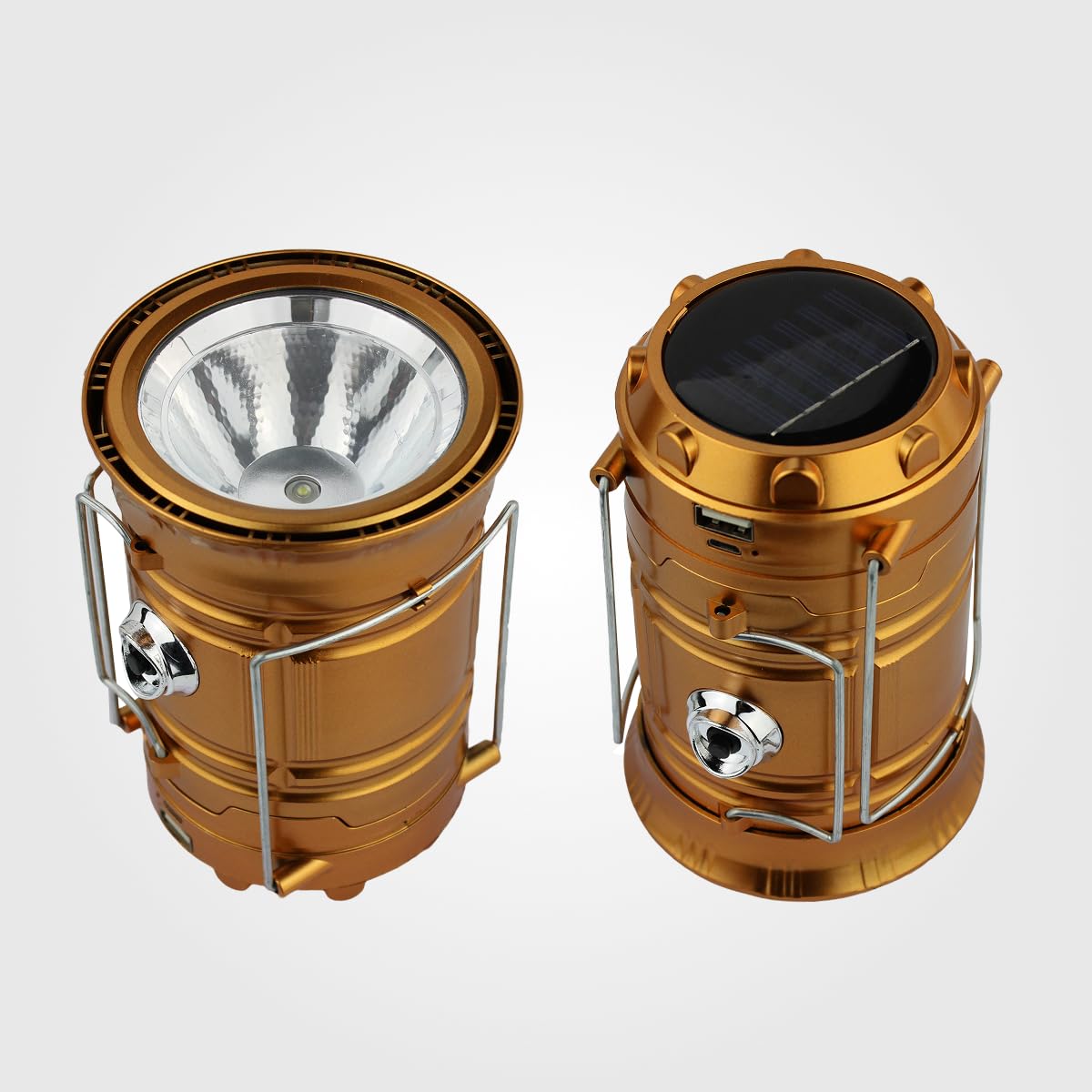 Domira Golden Solar & Usb Rechargeable Camping Lantern – Led Camping Light Portable Solar-Powered Lantern Torch For Hiking, Fishing, Power Cuts & Survival Kits (Golden)