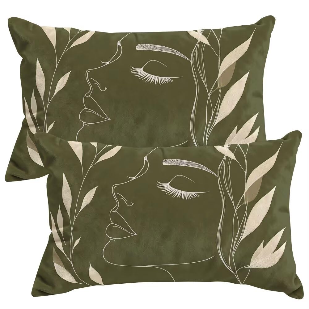 Set of 2 Velvet Cushion Covers 40x70 cm Olive Green Cushions Covers Decorative Throw Pillow Case Abstract Sofa Pillows 16x28 Inch Cushion Cover with Invisible Zipper for Livingroom Bedroom -SC459