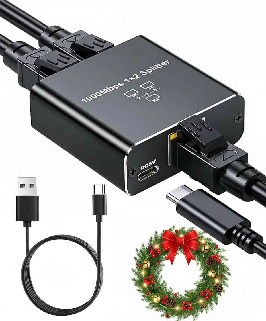 KiWiBiRD Hub Switch RJ45 Gigabit 2 Ports - Répartiteur Ethernet 1000Mbps Avec Alimentation USB-C, Compatible Cat8 Cat7 Cat6