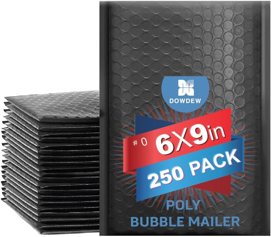 Water Resistant Bubble Envelope Mailers [250 Pack] 6 inch x 9 inch #0 Black Poly Padded Shipping Envelopes Self Sealing Cushioned Packaging Bags