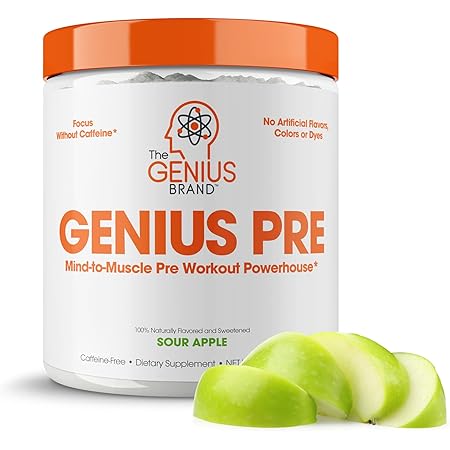 Genius Pre Workout Powder – All Natural Nootropic Preworkout & Caffeine Free Nitric Oxide Booster w/Beta Alanine & Alpha GPC | Boost Focus, Energy & NO | Muscle Builder Supplement – Essential Herbs