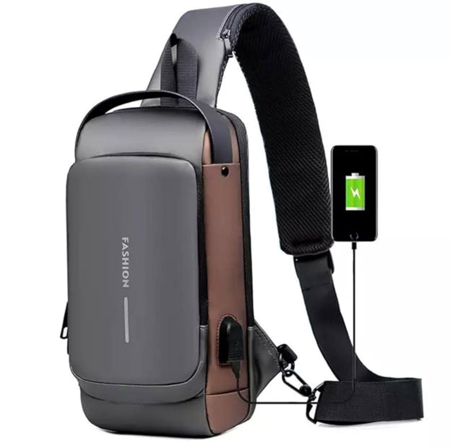 Fashion Sling Bag Crossbody Backpack with USB Charging Port, Reversible Shoulder Strap, Reflective Strip, Black Brown, 17 x 9 x 32 cm-image-20