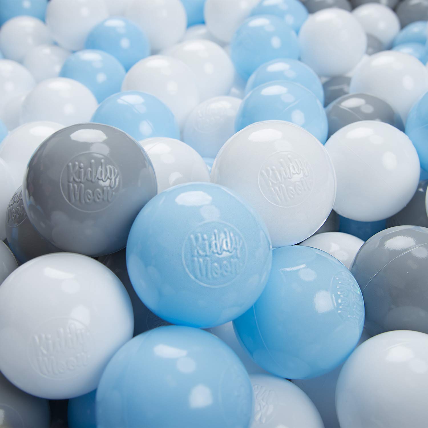 KiddyMoon Soft Plastic Play Balls 200 Balls/7Cm-2.75In Multi-Colour Made In EU, Grey/White/Babyblue