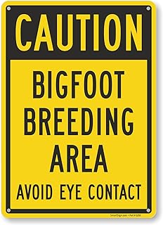 SmartSign 14 x 10 inch Funny “Caution - Bigfoot Breeding Area, Avoid Eye Contact†Metal Sign, 40 mil Laminated Rustproof Aluminum, Black and Yellow